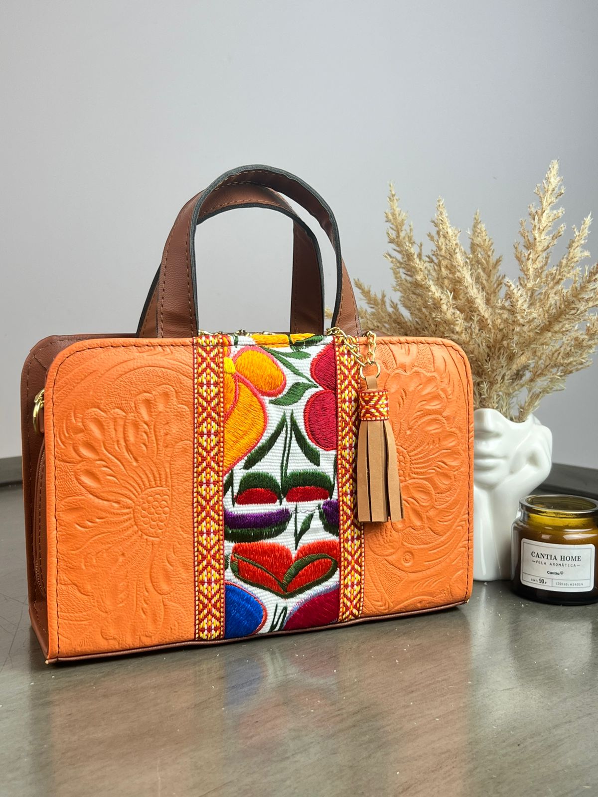 CROSSBODY DOBLE CARA FLORES FRANJA BORDADO F BLANCO/NARANJA