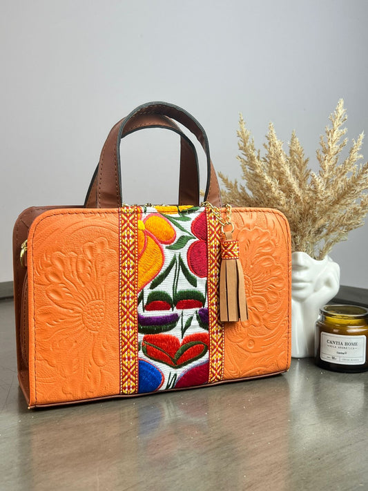 CROSSBODY DOBLE CARA FLORES FRANJA BORDADO F BLANCO/NARANJA