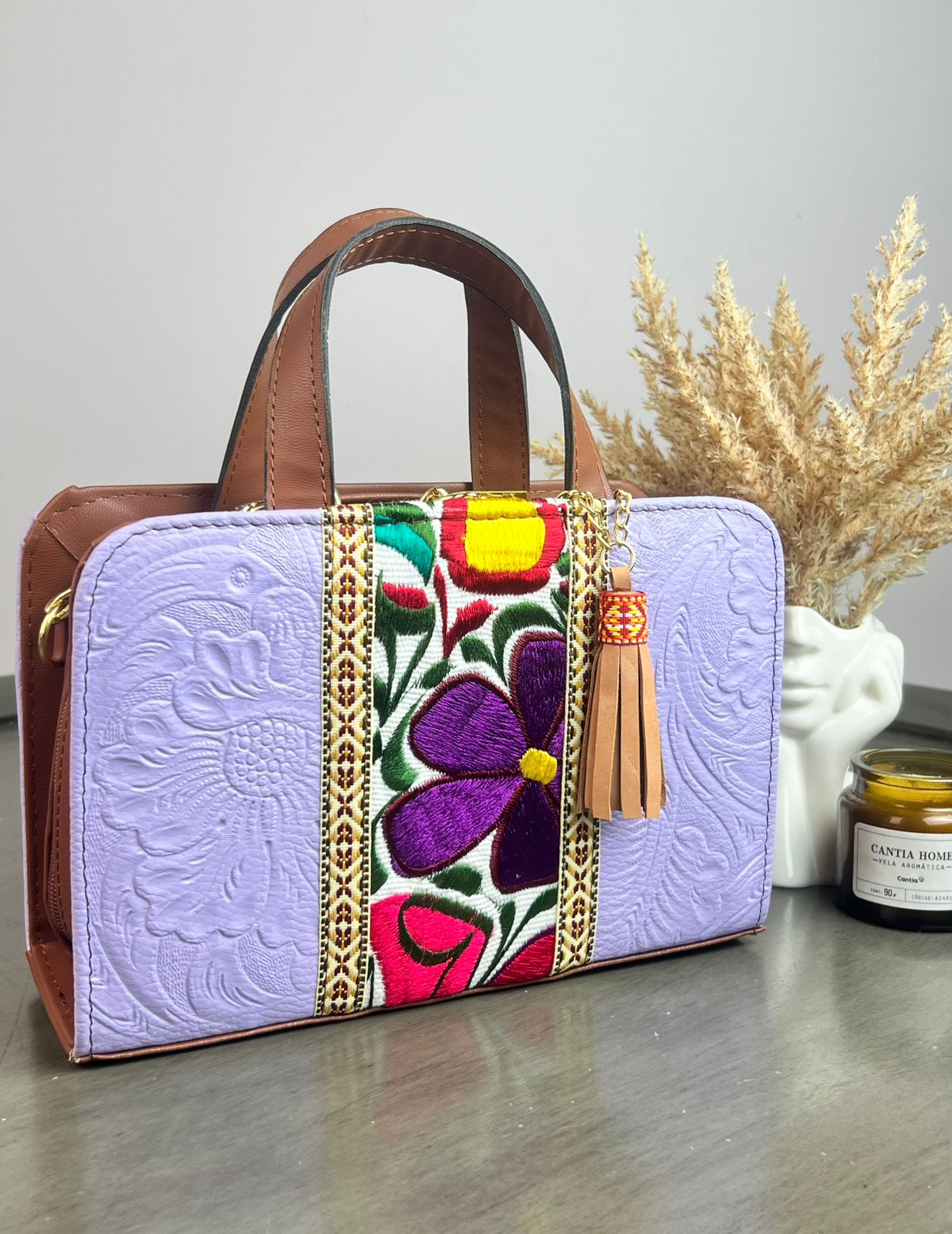 CROSSBODY DOBLE CARA FLORES FRANJA BORDADO F BLANCO/AMAPOLA