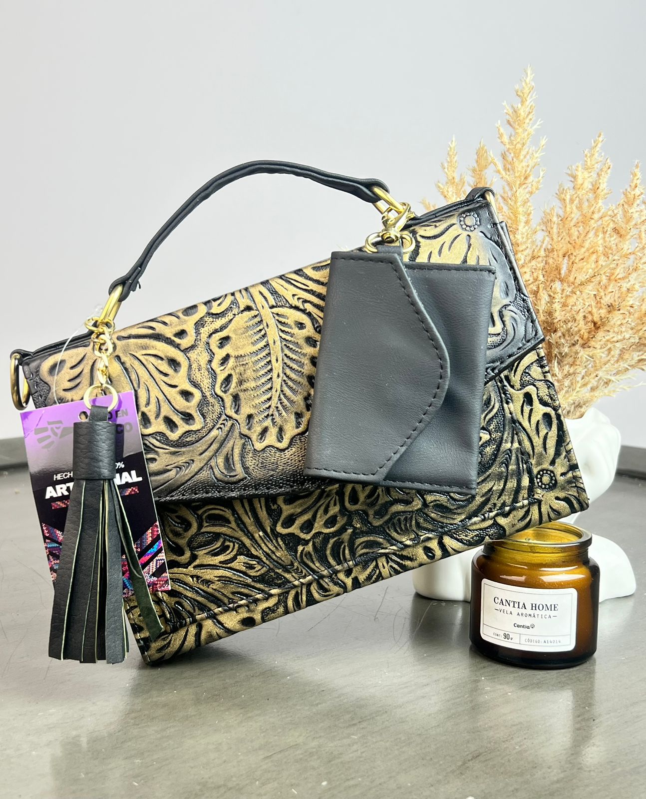 CROSSBODY PALOMA GRABADO HOJAS DORADO/NEGRO