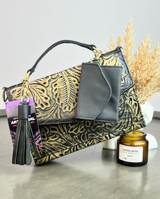CROSSBODY PALOMA GRABADO HOJAS DORADO/NEGRO