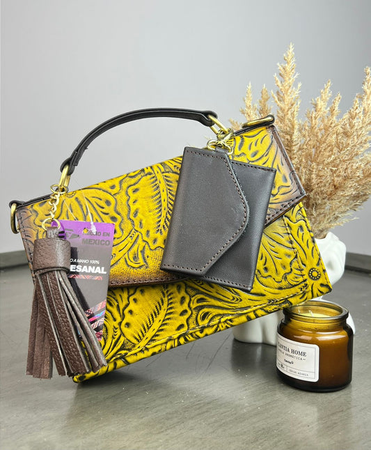 CROSSBODY PALOMA GRABADO HOJAS AMARILLO