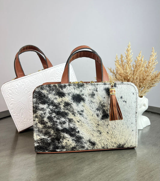 CROSSBODY DOBLE CARA PELO MOTEADO/PIEL GRABADA BLANCO MATE