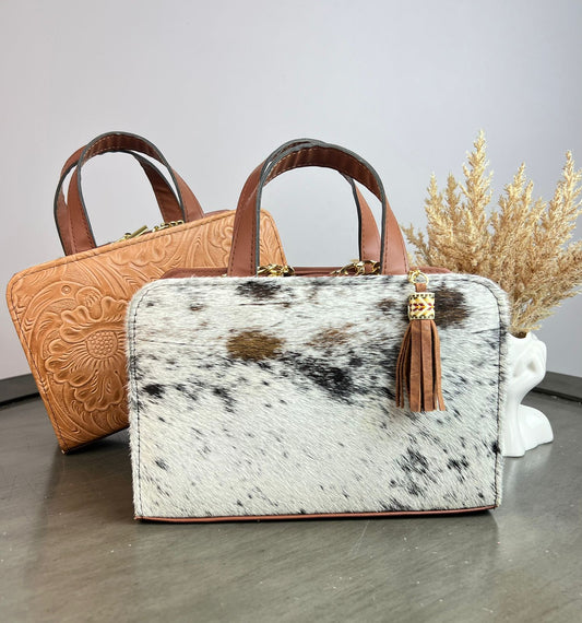 CROSSBODY DOBLE CARA PELO MOTEADO/PIEL GRABADA AVELLANA MATE