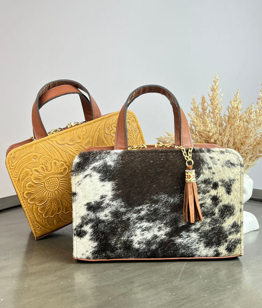 CROSSBODY DOBLE CARA PELO MOTEADO/PIEL GRABADA MOSTAZA