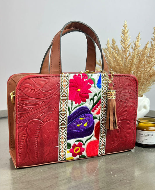CROSSBODY DOBLE CARA FLORES FRANJA BORDADO F BLANCO/ROJO
