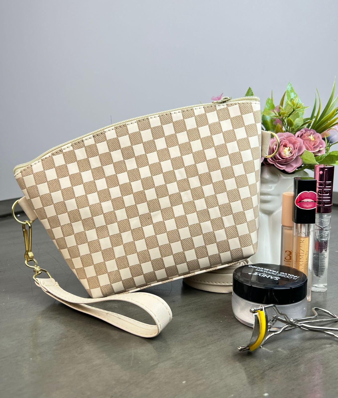 COSMETIQUERA YUTE CUADROS BEIGE/KHAKI