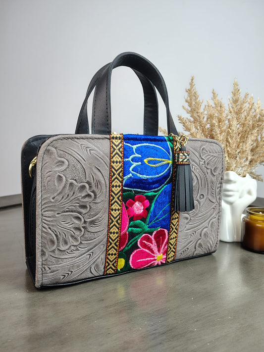CROSSBODY DOBLE CARA FLORES FRANJA BORDADO COLORES/GRIS