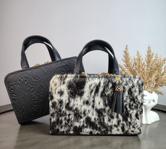 CROSSBODY DOBLE CARA PELO MOTEADO/PIEL GRABADA NEGRO MATE