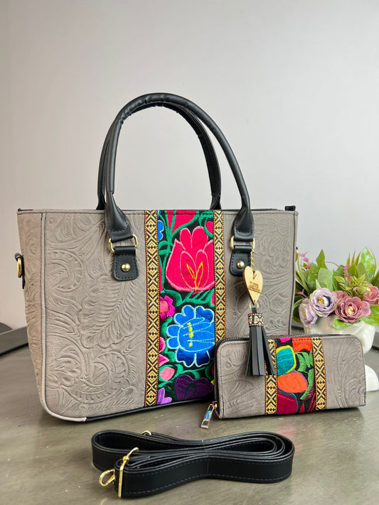 DUO FRANJA BORDADO Y PIEL GRASO CON CARTERA GRIS