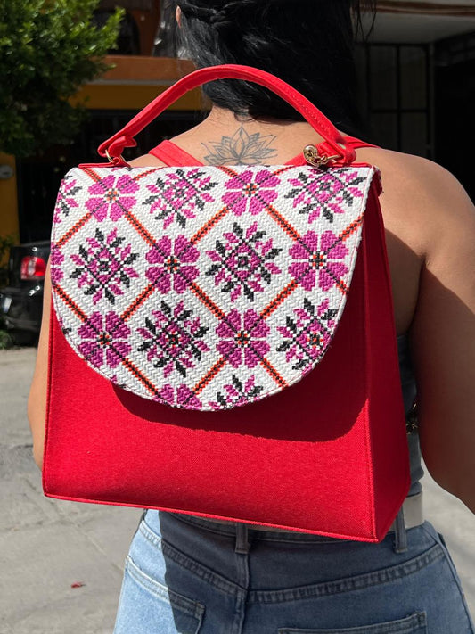 MOCHILA YUTE ROJO/FLORES F BLANCO