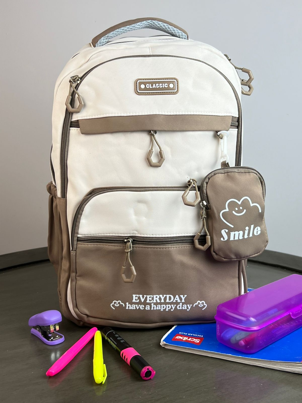 MOCHILA CON MONEDERO SMILE KHAKI/HUESO