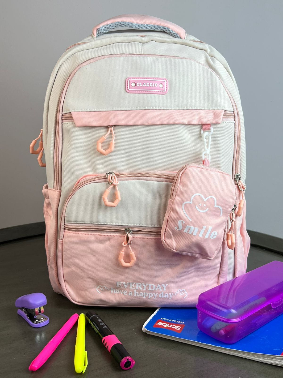 MOCHILA CON MONEDERO SMILE ROSA/HUESO