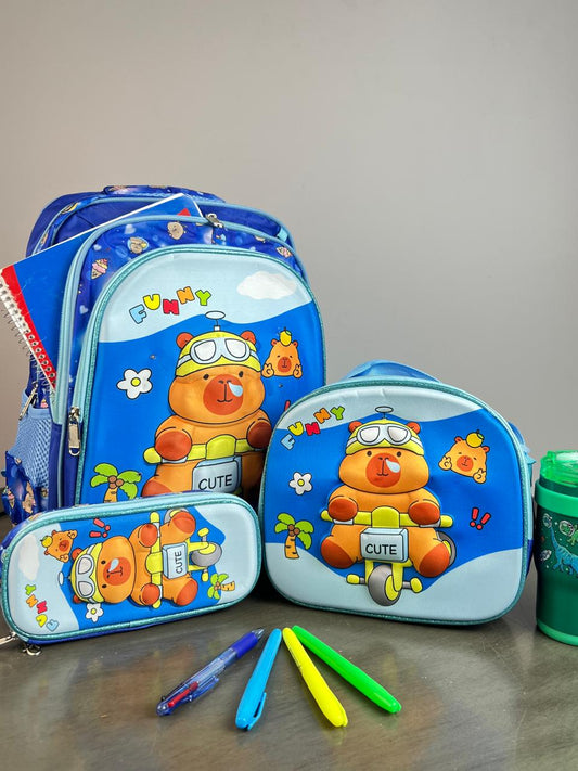COMBO ESCOLAR PERSONAJES CAPIBARA BICICLETA AZUL