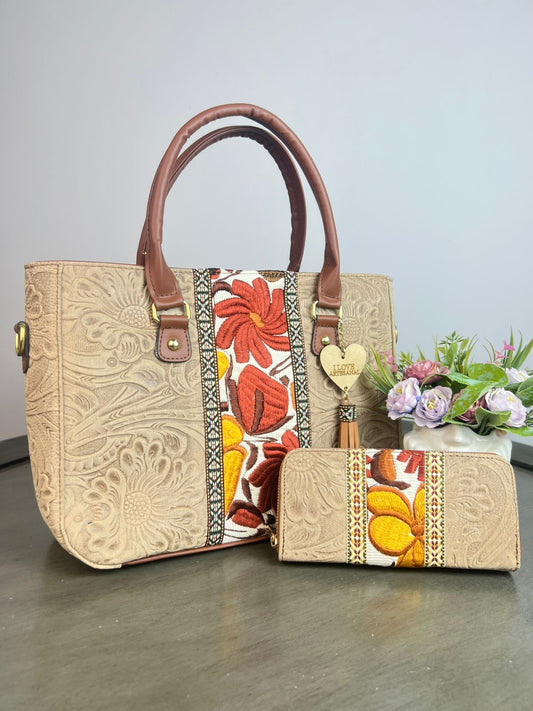 DUO FRANJA BORDADO Y PIEL GRASO CON CARTERA ARENA/OTOÑO F BLANCO