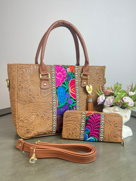 DUO FRANJA BORDADO Y PIEL GRASO CON CARTERA CAMEL MATE/COLORES F NEGRO