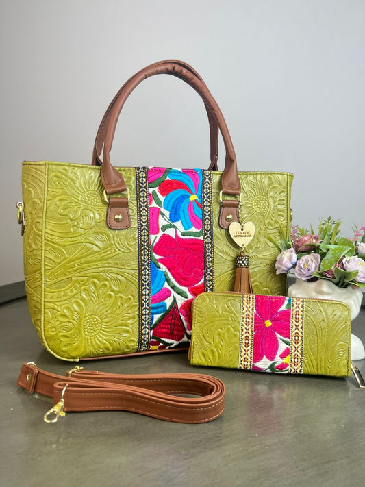 DUO FRANJA BORDADO Y PIEL GRASO CON CARTERA LIMÓN/COLORES F BLANCO