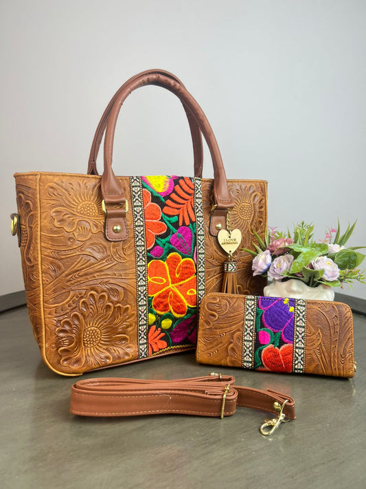 DUO FRANJA BORDADO Y PIEL GRASO CON CARTERA CAMEL/COLORES F NEGRO