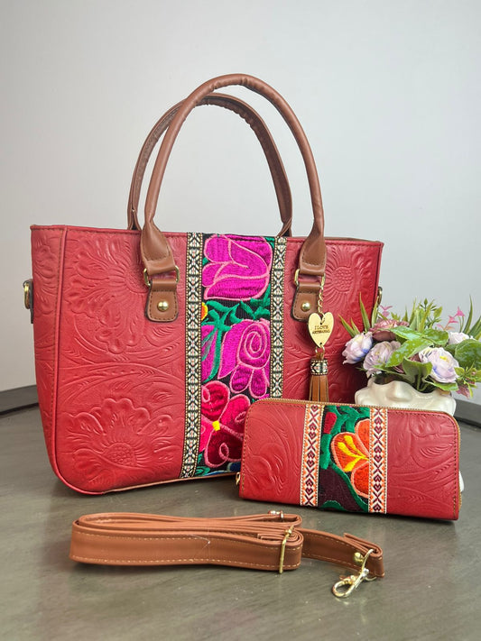 DUO FRANJA BORDADO Y PIEL GRASO CON CARTERA ROJO MATE/COLORES F NEGRO