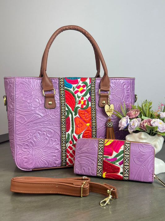 DUO FRANJA BORDADO Y PIEL GRASO CON CARTERA LAVANDA/COLORES BLANCO