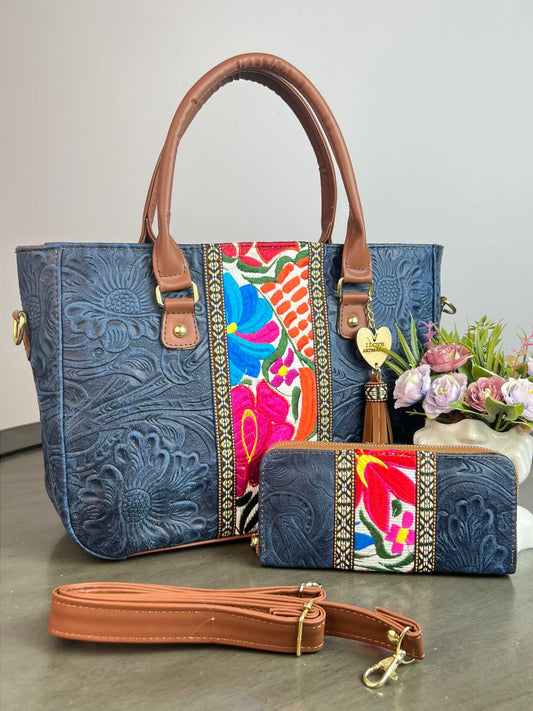 DUO FRANJA BORDADO Y PIEL GRASO CON CARTERA AZUL ELÉCTRICO/COLORES F BLANCO