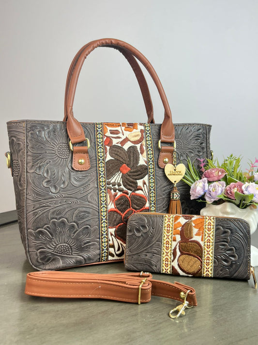DUO FRANJA BORDADO Y PIEL GRASO CON CARTERA CHOCOLATE SECO/OTOÑO F BLANCO
