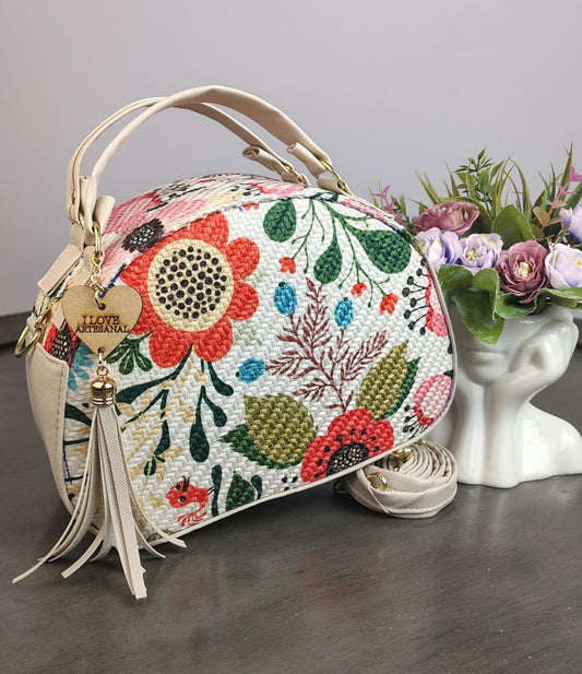 MALETITA YUTE FLORES BEIGE