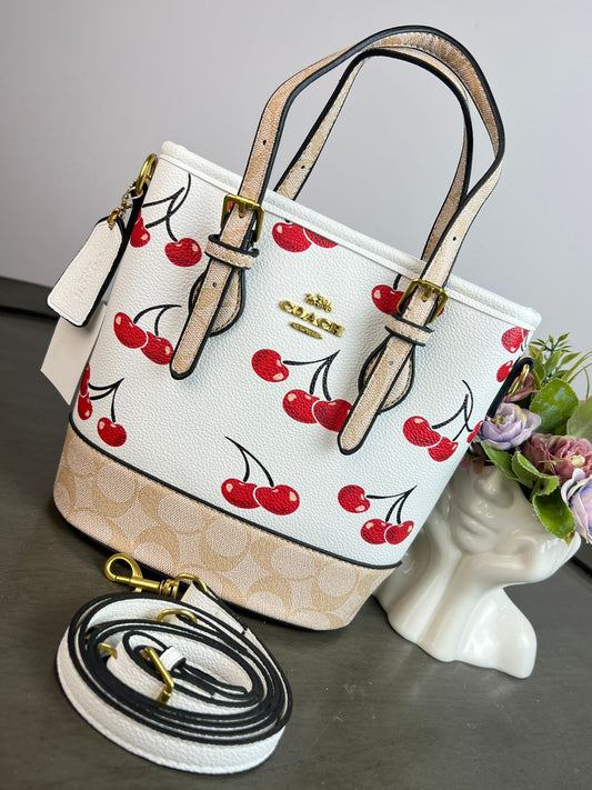 CROSSBODY COACH ESTILO CUBETA CEREZAS BLANCO/CAFE