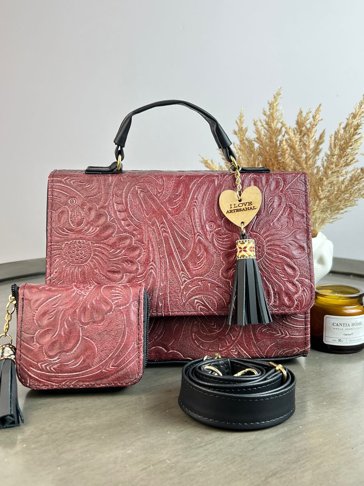 COMBO CAJITA ZAFIRO GRABADO FLORES/MATE VINO