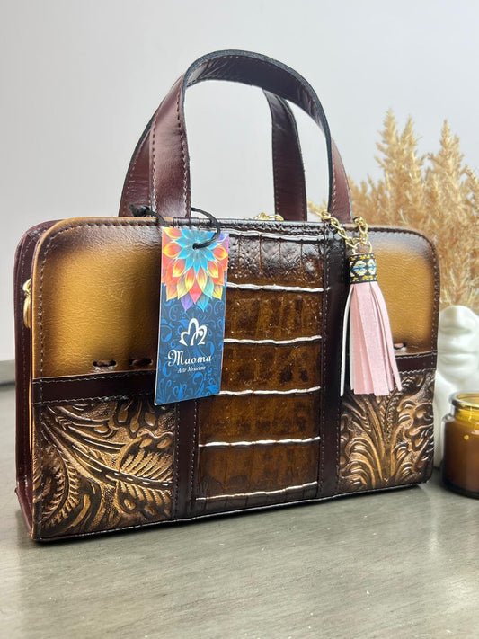 MAOMA CROSSBODY MARRON FRANJA COCODRILO MARRON