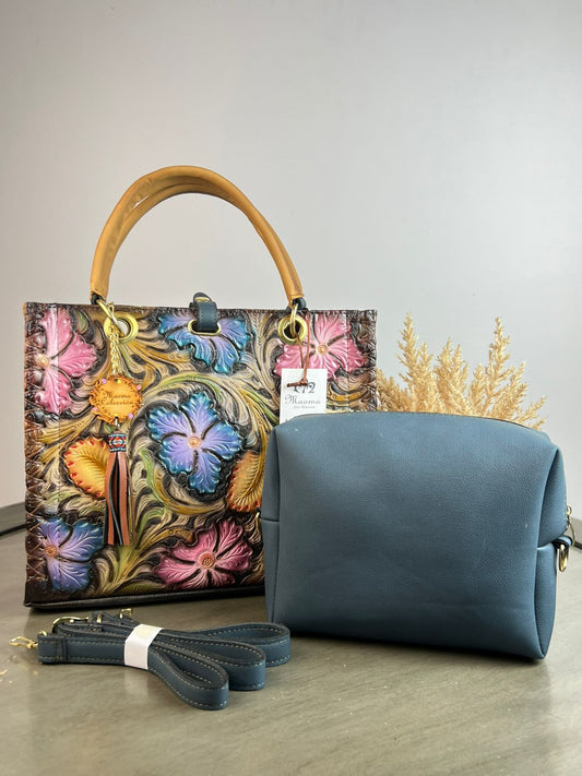 MAOMA GDE COMBO ANA FLORES Y HOJAS TONOS AZUL/ROSA