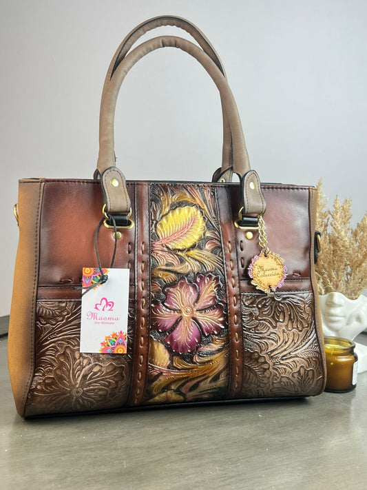 MAOMA GDE LILIANA CAMEL FRANJA FLORES Y HOJAS TONOS ROSA