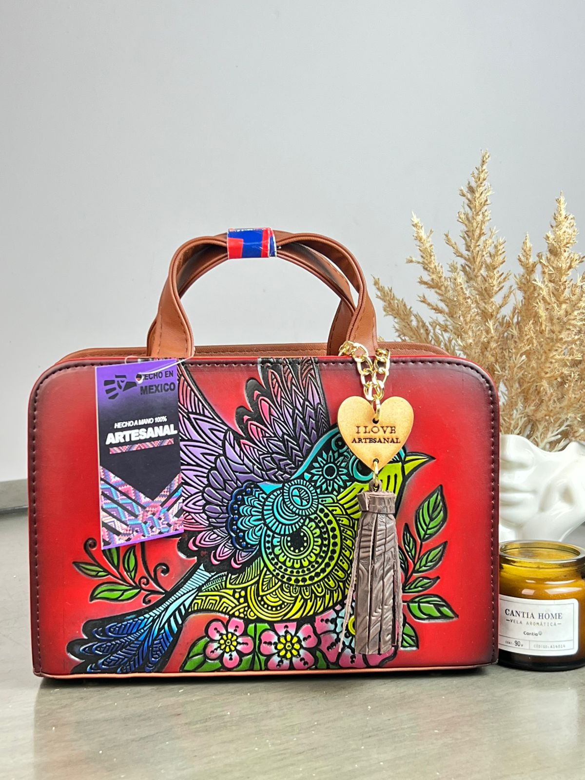 CROSSBODY ARTESANAL TANIA GRABADO PAJARITO ROJO/TONOS VERDE Y MORADO