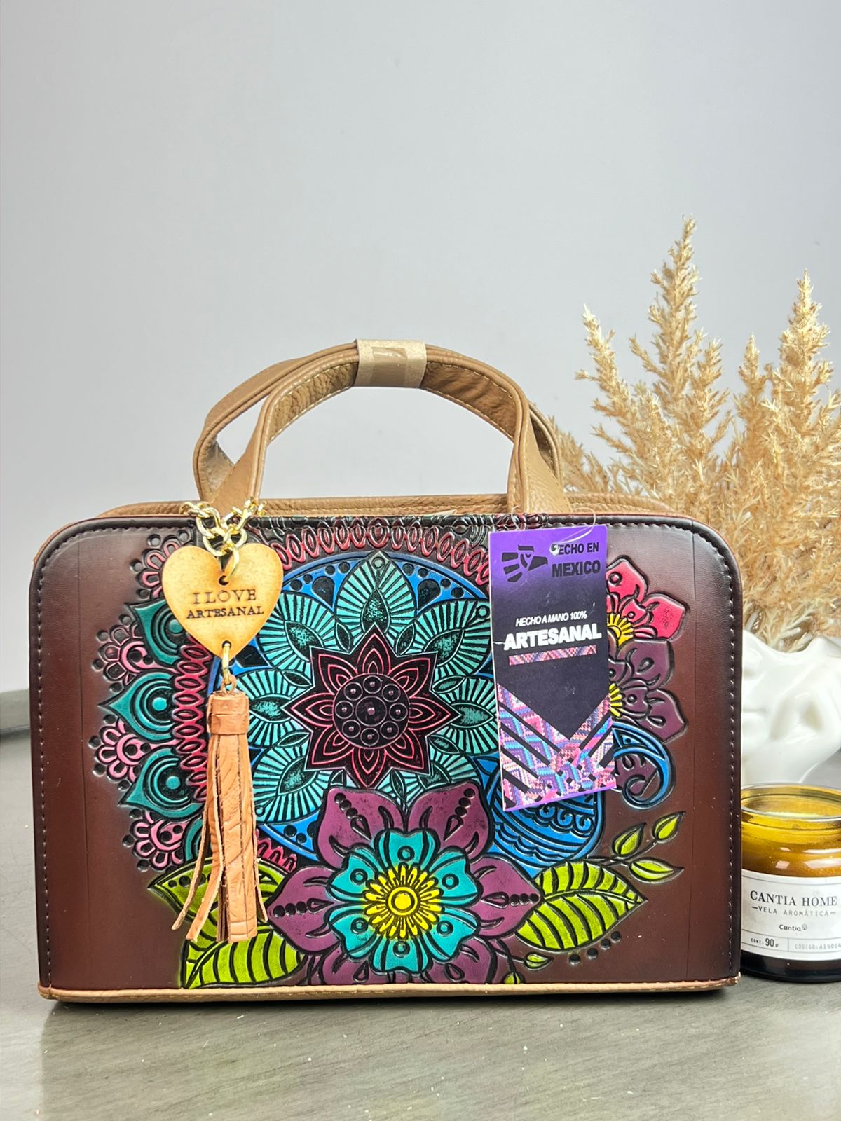 CROSSBODY ARTESANAL TANIA GRABADO MANDALA CAFE
