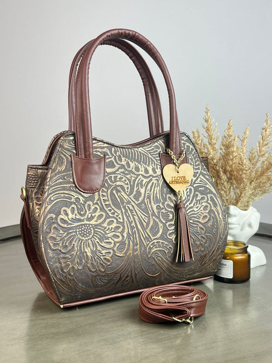 BOLSA HILDA PIEL DE FLORES CHOCOLATE-COBRE