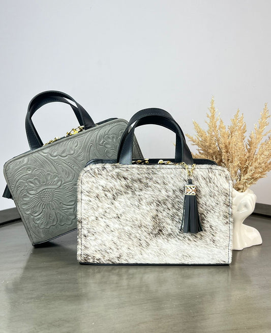 CROSSBODY DOBLE CARA PELO MOTEADO/PIEL GRABADA GRIS