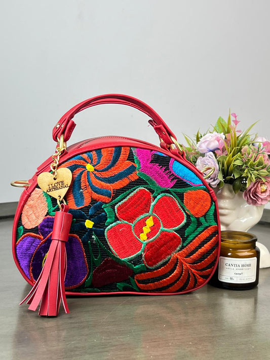 BOLSO MEDIO CIRCULO BORDADO ROJO/FLORES COLORES F NEGRO
