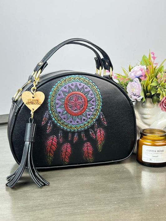 BOLSO MEDIO CIRCULO GRABADO ATRAPASUEÑO NEGRO