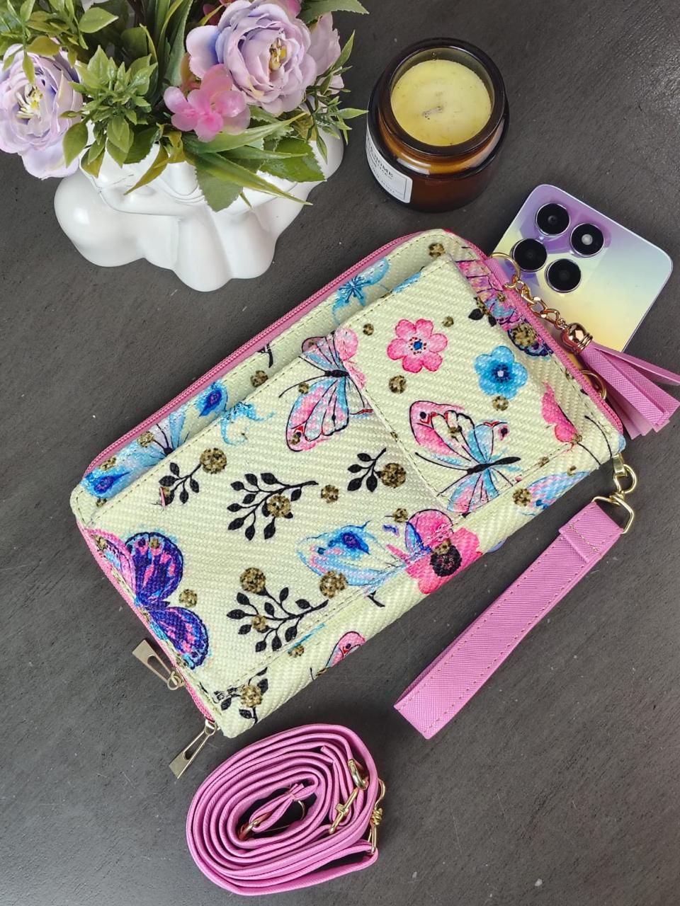 PORTACELULAR/CARTERA YUTE VERTICAL MARIPOSAS ROSA/F BEIGE