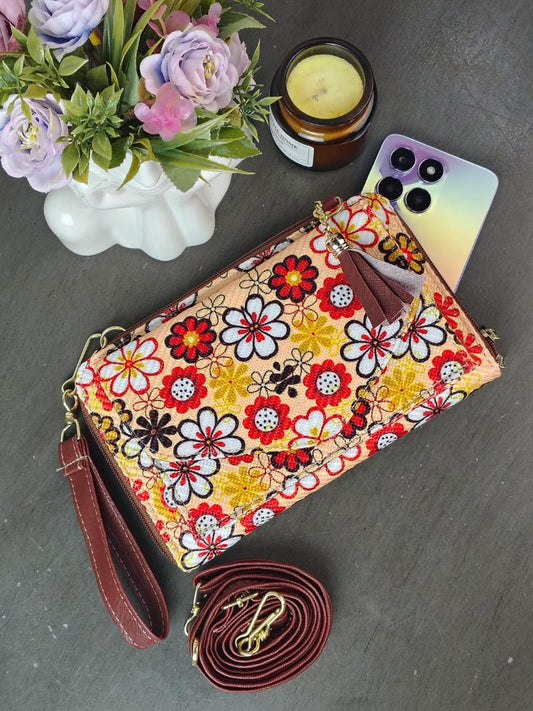 PORTACELULAR/CARTERA YUTE HORIZONTAL FLORES ROJO Y AMARILLO F BEIGE