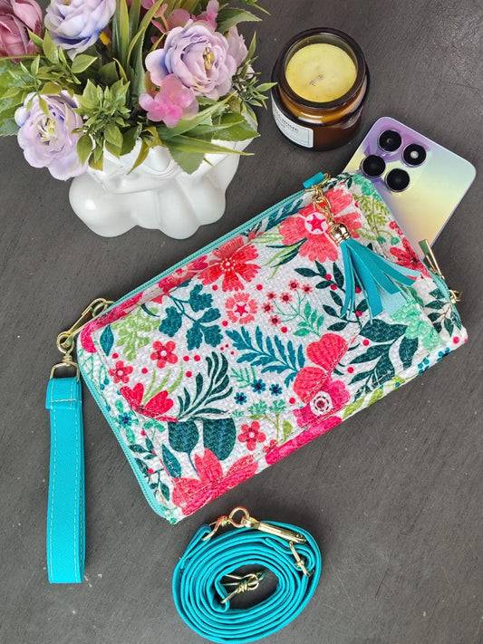 PORTACELULAR/CARTERA YUTE HORIZONTAL FLORES ROSA Y MENTA F BLANCO