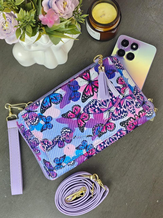 PORTACELULAR/CARTERA YUTE HORIZONTAL MARIPOSAS MORADO