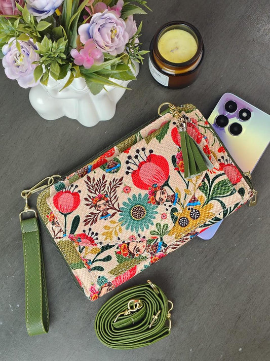 PORTACELULAR/CARTERA YUTE HORIZONTAL FRIDAS Y FLORES COLORES F ARENA
