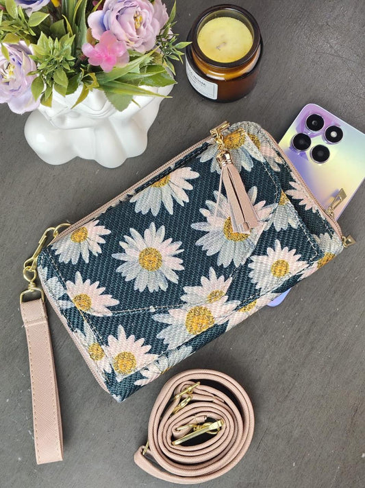 PORTACELULAR/CARTERA YUTE HORIZONTAL MARGARITAS BLANCO F VERDE