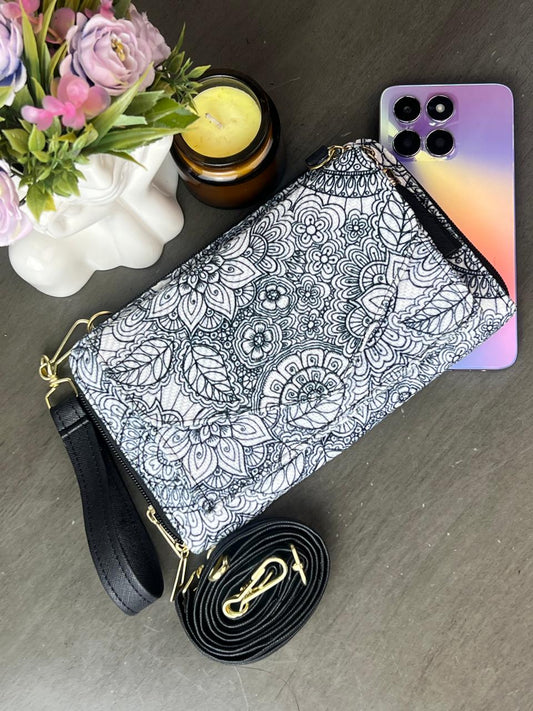 PORTACELULAR/CARTERA YUTE HORIZONTAL MANDALAS BLANCO/NEGRO