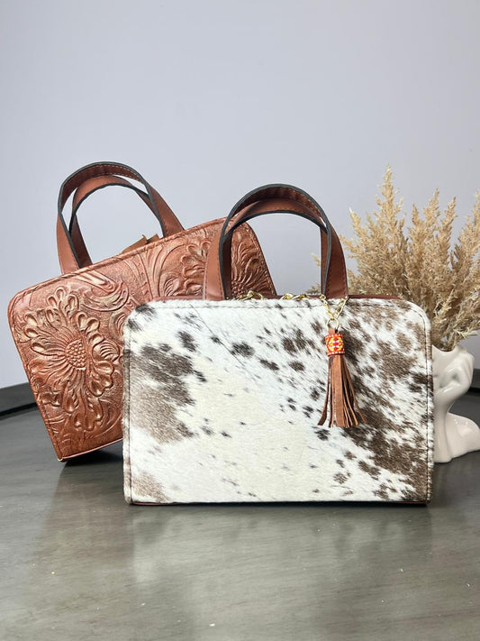 CROSSBODY DOBLE CARA PELO MOTEADO/PIEL GRABADA COÑAC BRILLANTE