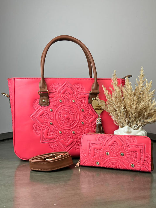 DUO MANDALA PIEL GRASO CON CARTERA ROSA NEON
