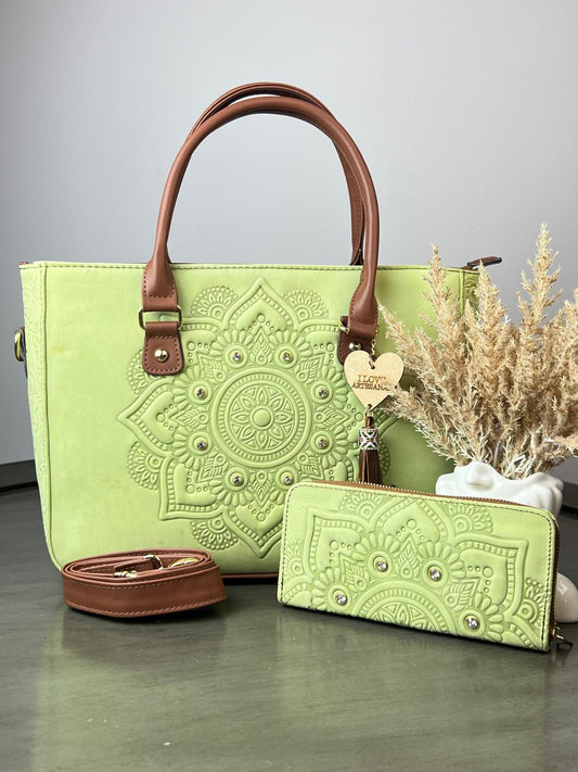 DUO MANDALA PIEL GRASO CON CARTERA LIMON