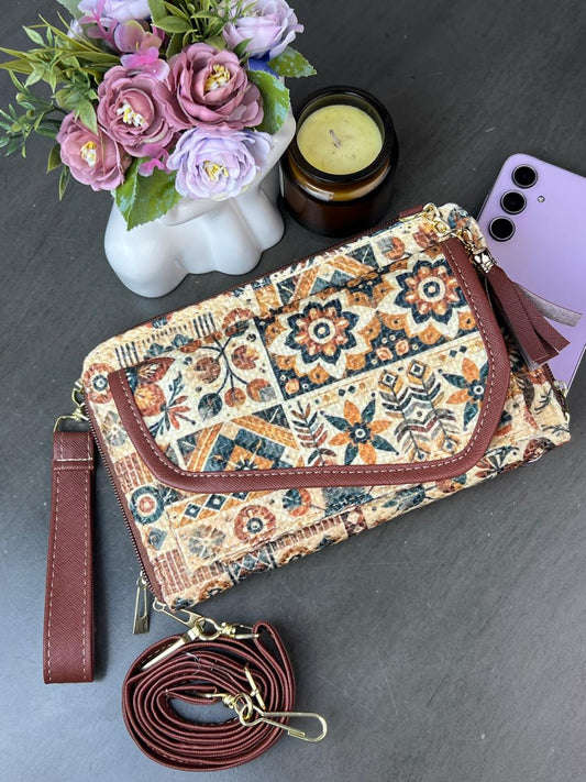 PORTACEL/CARTERA DOBLE CIERRE YUTE FLORES CAMEL F BEIGE