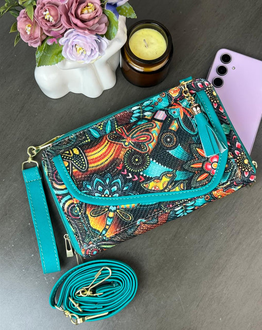 PORTACEL/CARTERA DOBLE CIERRE YUTE MANDALAS VERDE F NEGRO